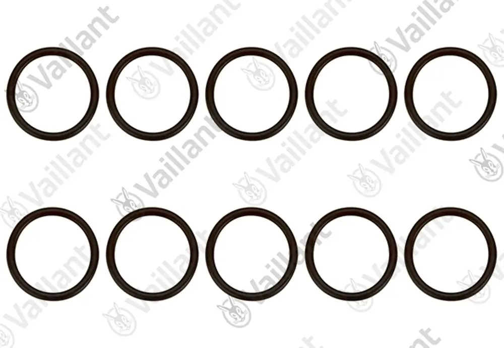 Vaillant O-Ringe in einer Anordnung von zehn Stück, schwarz, kreisförmig, für verschiedene Anwendungen in Heizsystemen.